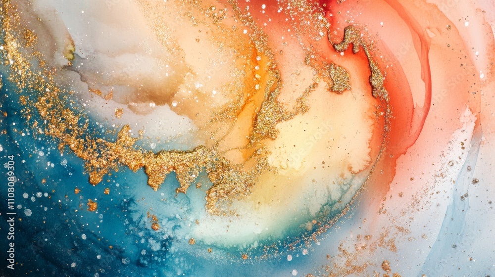 Fototapeta premium Colorful watercolor splash and glittering circular brush strokes for abstract design