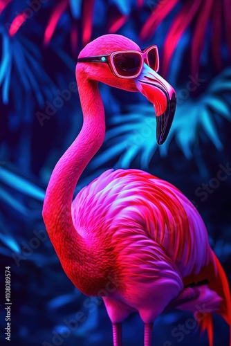 Pink flamingo stands in neon retro style. Bird wears sunglasses. Exotic vibe. Vivid crimson, dark azure background. Close-up view. Tropical look. Trendy design. Stylish bird. Cool animal. Summer photo