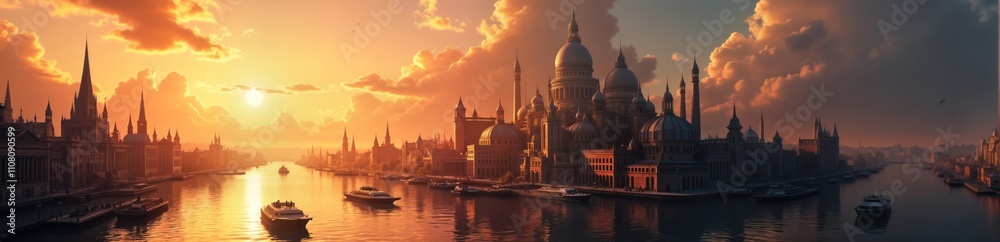 Fototapeta premium Waterborne city rises from flooded terrain at sunrise. Buildings float on water. Boats main transport. Sunrise paints golden hues across city. Tranquil water reflects buildings. Watery landscape.