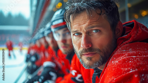 Coach of the hockey team with the hockey team in the locker room
