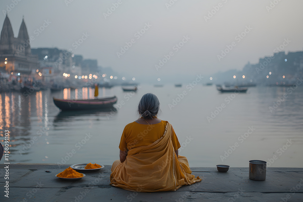 Fototapeta premium Woman sitting near the Ganga River, surrounded by serene natural beauty, reflecting a peaceful moment of connection with nature and spirituality