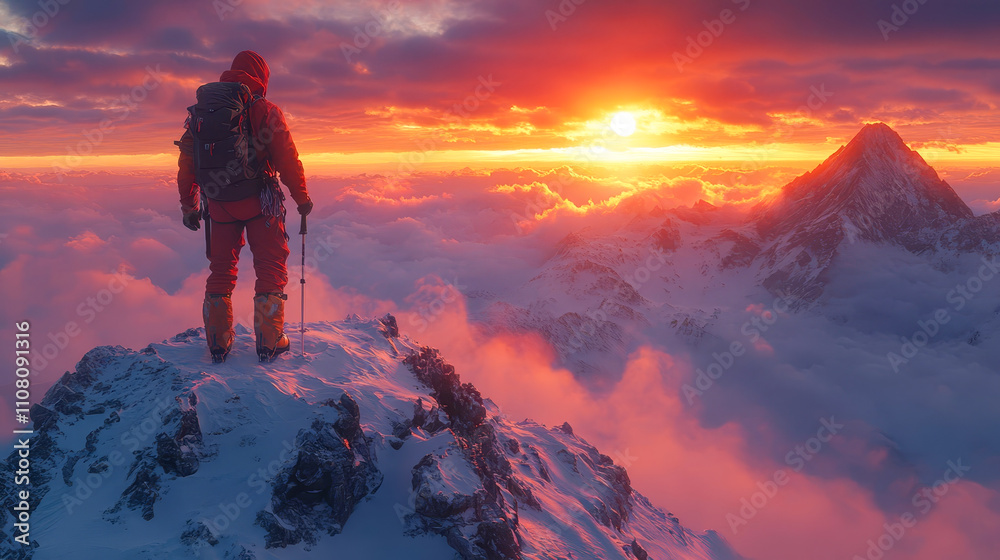 Fototapeta premium A climber stands on the top of a mountain and admires the sunset 
