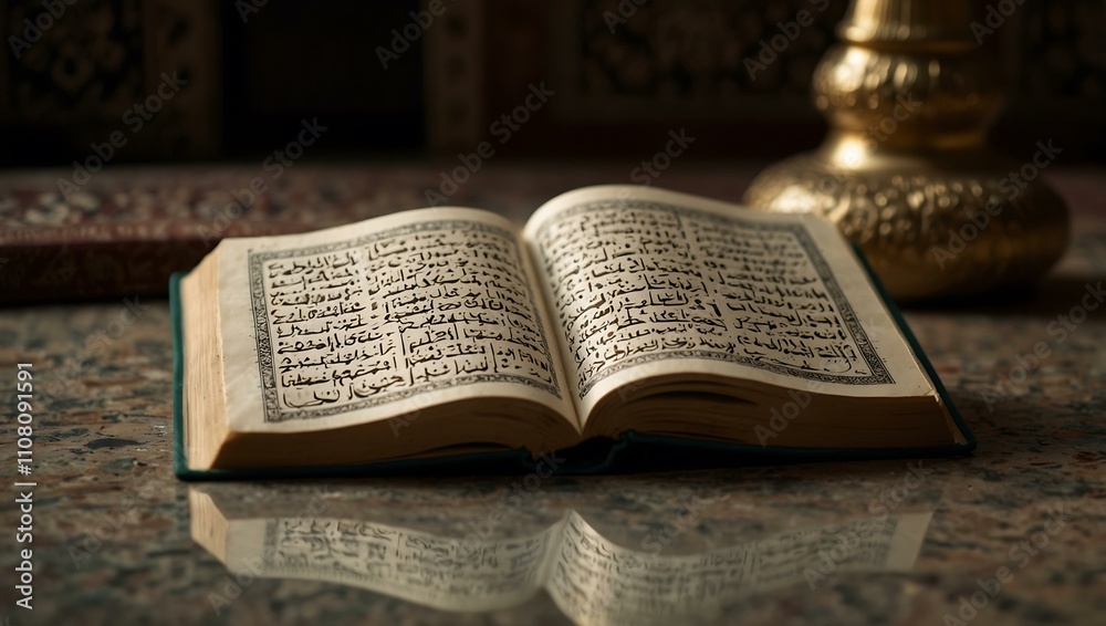 Fototapeta premium Personal reflection with the Quran symbolizing Islam.
