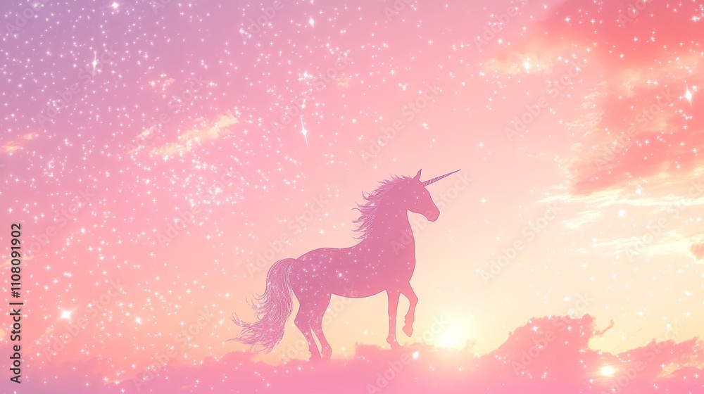 Fototapeta premium Pastel unicorn background with a pink sky, glittery stars, and a dreamy fantasy scene.