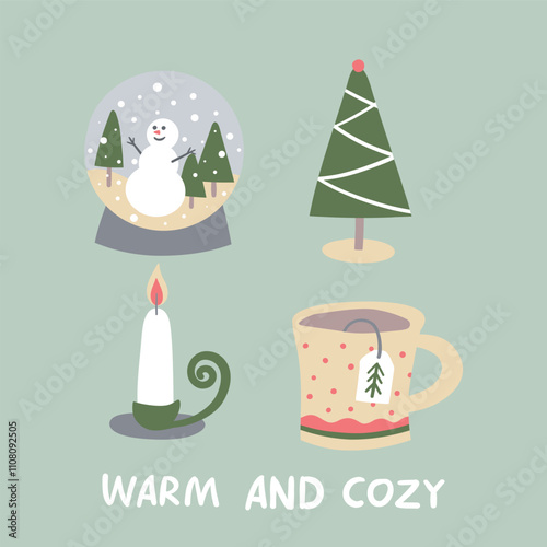 Holiday greeting card with Christmas snow ball, candle, pine tree, cup of tea in simple doodle style. Modern hand drawn lettering Warm and cozy. Scandinavian decoration.