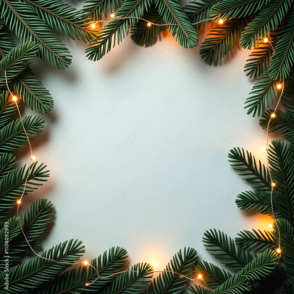 fir branches and a burning garland in the form of a frame and framing fir branches and a burning garland in the form of a frame and framing