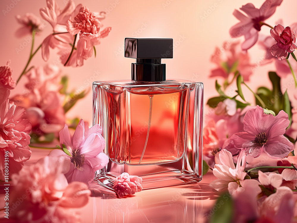 Elegant Flower Perfume Bottle with Blossoms, Luxury Floral Perfume in Glass Bottle, Fresh Bloom Scented Perfume Spray