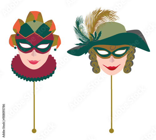 Venetian masquerade female masks in hats, vector illustration isolated on white