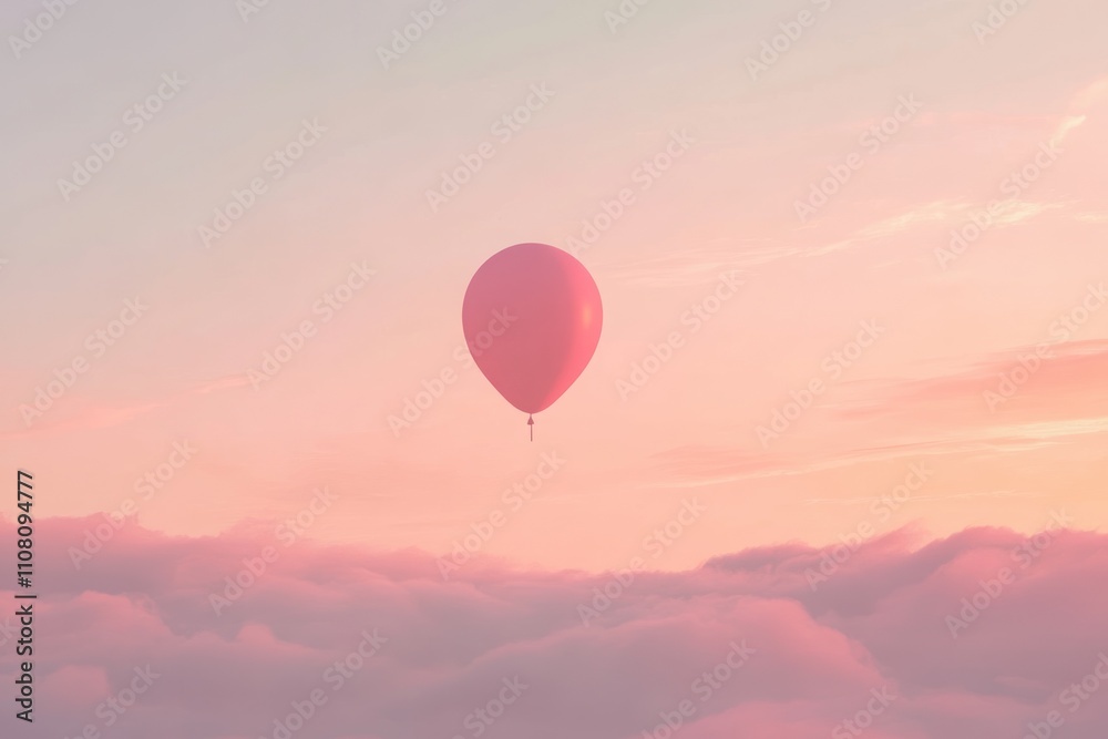 Fototapeta premium Pink Balloon Ascending Above Pastel Clouds