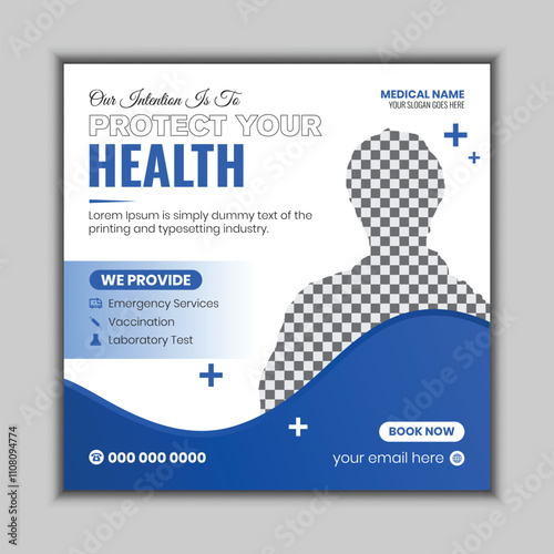 Medical social media post template, modern healthcare design for hospitals, clinics, doctors, and dentists, editable web banner, flyer, business promotion, marketing ads, and digital campaigns.