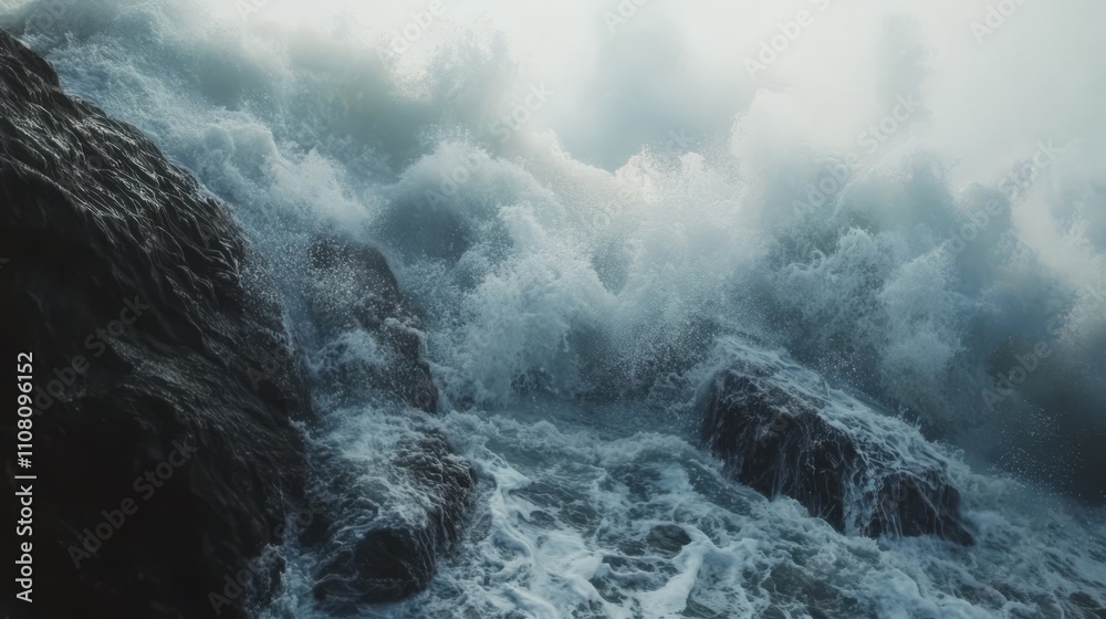 Fototapeta premium Powerful ocean waves crashing against dark rocks.