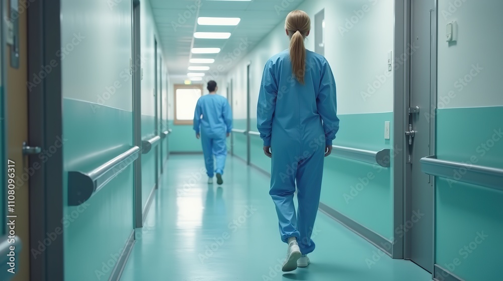 Fototapeta premium Hospital staff in protective overalls walking in hospital corridor. View from back of female doctor or nurse going along hallway in medical clinic. Healthcare and medicine concept.