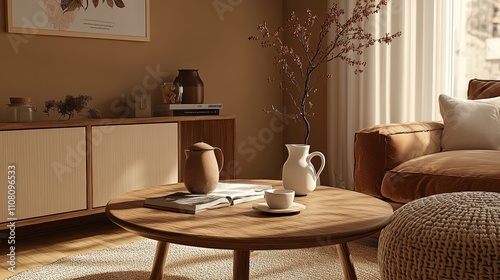 Warm and cozy living room interior with brown sofa, wooden coffee table, round pouf, vase with branch, beige sideboard, pitcher, cup, books and personal accessories