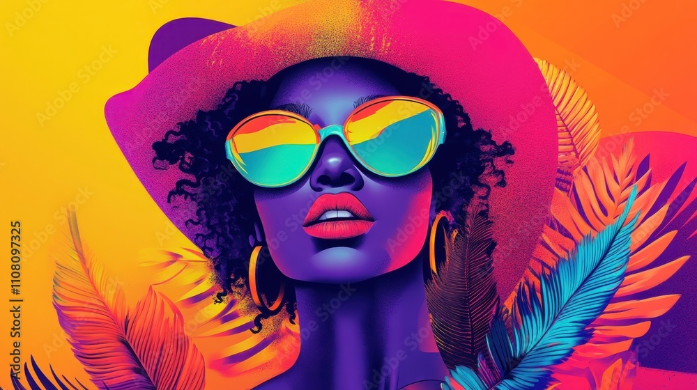 Vibrant portrait of a woman wearing a hat and sunglasses, surrounded by tropical leaves. Vibrant portrait of a woman wearing a hat and sunglasses, surrounded by tropical leaves.