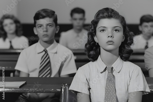 Black and White Close-Up Shot of a 1950s Teenager in a Classroom – Capturing Vintage Style, Teenage Expression, and Mid-20th Century Education photo