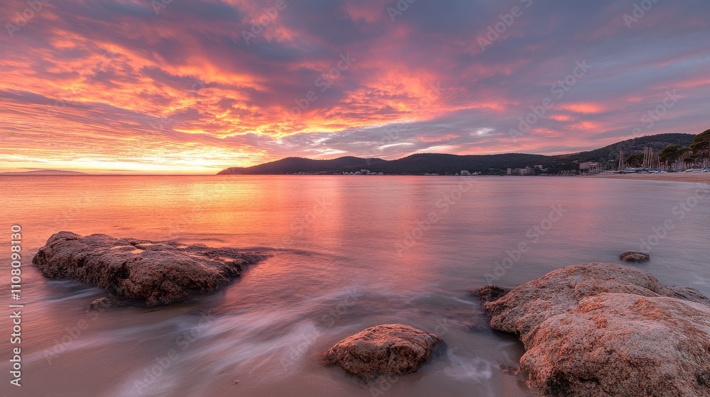 Obraz premium Beautiful colorful sunset sky with bright clouds sun rays over the ocean.