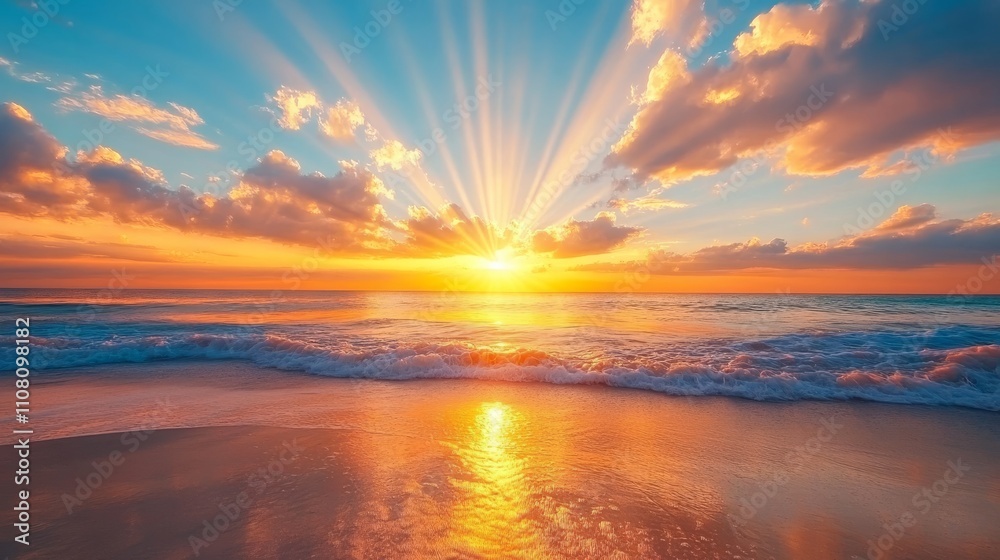 Fototapeta premium Beautiful colorful sunset sky with bright clouds sun rays over the ocean.