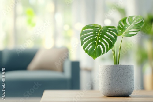 Indoor potted plant with lush green leaves on wooden table in a bright living space