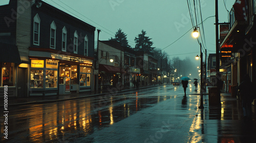 Moody Rainy Evening on Urban Streets with Glowing Lights and Reflections on Wet Pavement Creating a Nostalgic Atmosphere photo