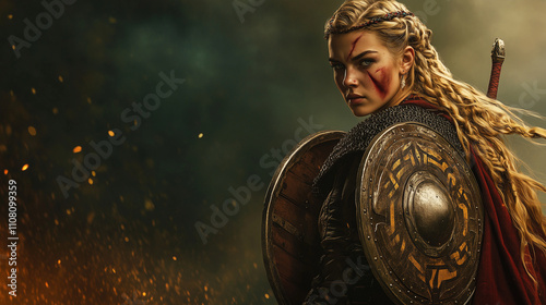 A Viking shieldmaiden standing confidently in battle gear, with her shield slung on her back and a sword at her side photo