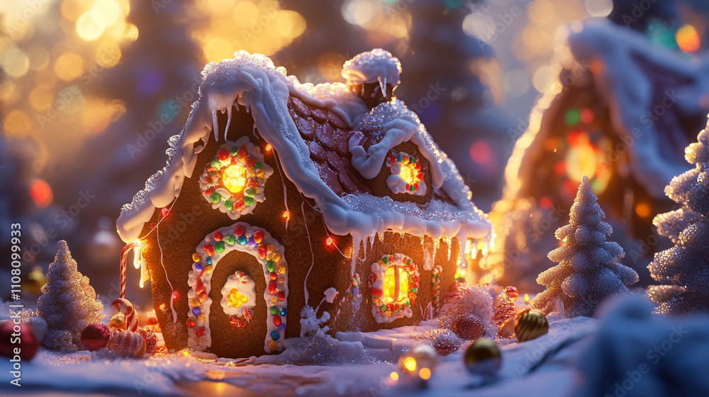 Fototapeta premium Enchanting Illuminated Gingerbread House Winter Scene