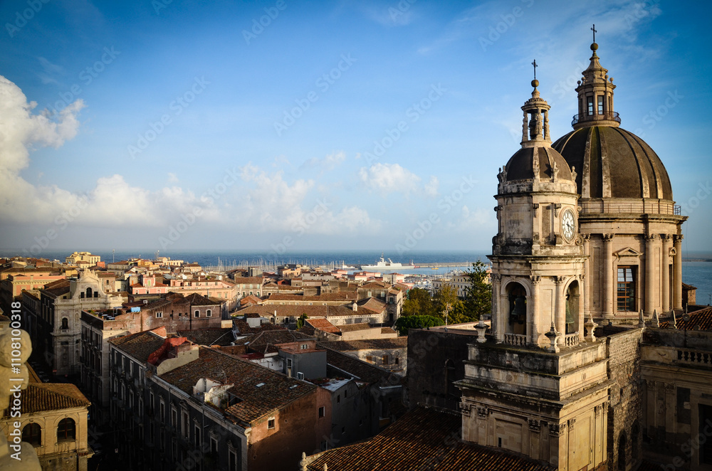 Obraz premium Dome and clock tower of the Cathedral of Saint Agatha in Catania