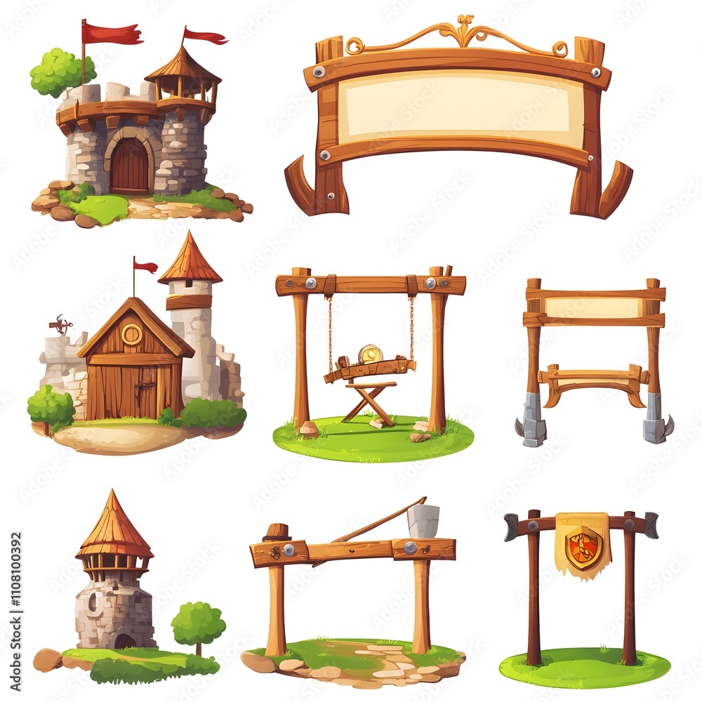 Obraz premium Colorful Medieval Castle Elements with Banners, Structures, and Tools for Fantasy or Game Design Settings and Illustrations