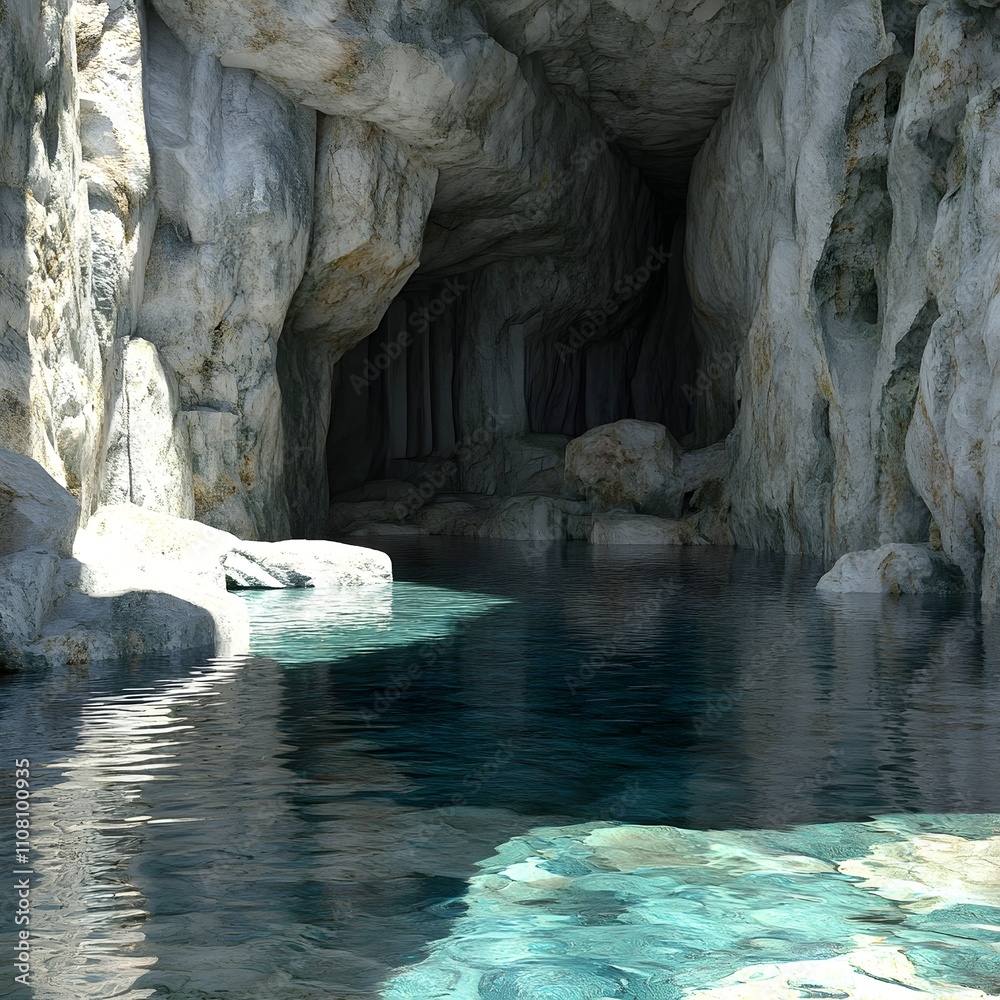 Fototapeta premium Serene Underground Cave with Crystal Clear Water Reflecting Natural Rock Formations and Dramatic Shadows Creating a Mystical Atmosphere Perfect for Nature Photography