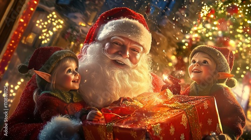 Santa Claus with two cheerful elf children opening a magical Christmas present, framed by sparkling decorations and warm, vibrant lighting.