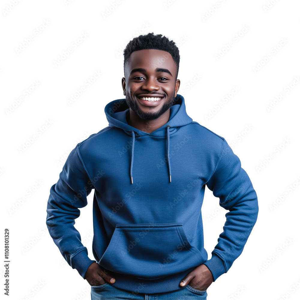Smiling Man in Blue Hoodie with Hands on Hips Smiling Man in Blue Hoodie with Hands on Hips