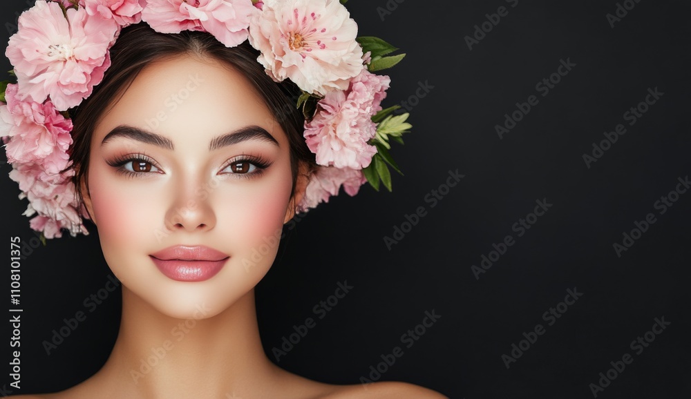 Fototapeta premium Young woman with floral crown posing gracefully against dark background