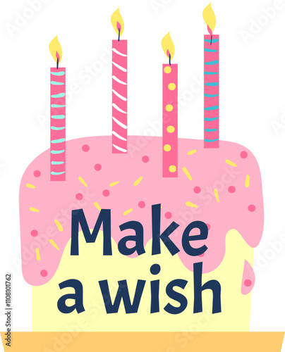 Colorful lit candles on a pink birthday cake with sprinkles, perfect for celebrations and joy. Ideal for invitations, cards, or any design needing whimsical charm