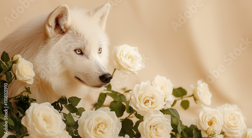 um lobo branco ao lado de rosas brancas em fundo bege - cena fofa e agradável photo