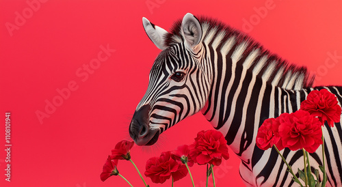 uma zebra ao lado de cravos vermelhos em fundo vermelho pastel - cena fofa e agradável photo