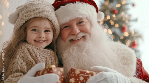 A joyful little girl hugging Santa Claus in a mall, with a white background and soft blurred lights, perfect for creating a festive atmosphere in Christmas ads and greeting cards.
