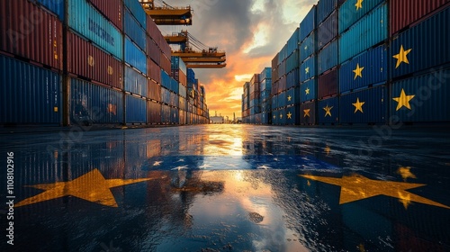 Cargo ship docked at sunset surrounded by colorful shipping containers with European stars photo