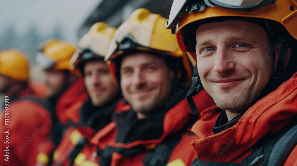 Fototapeta premium Group of firefighters posing as a team with positive attitude.