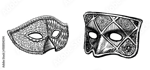 Sketches of two vintage decorative venetian masquerade masks, vector hand drawn illustration isolated on white