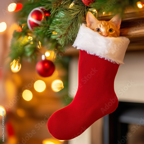 Playful kitten peeks out from Christmas stocking on mantel photo