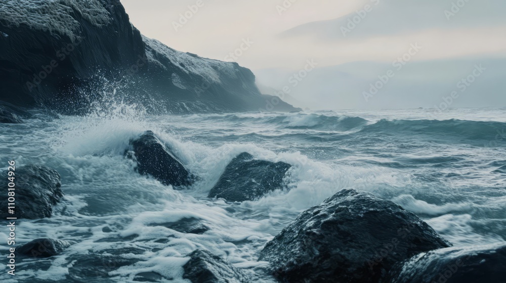 Fototapeta premium Dramatic ocean waves crashing on rocky shore.