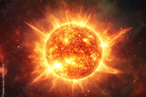 Fiery Star Blazing in Cosmic Space Dark Nebula