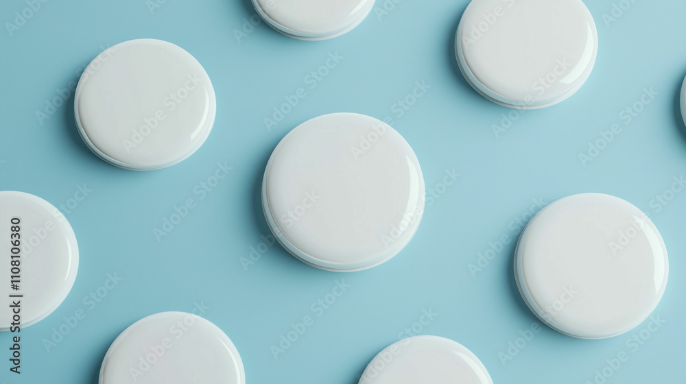 Various white circular objects arranged on a light blue background in a minimalist style Various white circular objects arranged on a light blue background in a minimalist style