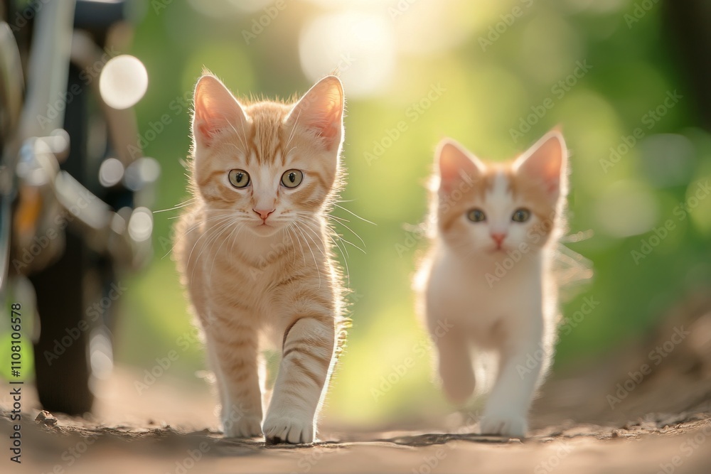 Two playful kittens walking down a sunlit path in a peaceful outdoor setting Two playful kittens walking down a sunlit path in a peaceful outdoor setting