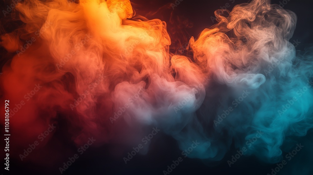 Fototapeta premium Vivid swirling smoke in orange and blue with dark background for abstract art and design