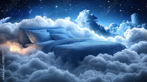 Dreamy bed surrounded by clouds under a starry night sky