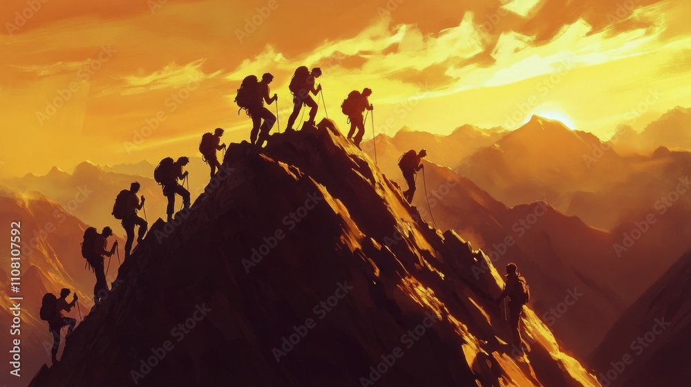 Fototapeta premium Hikers admire a breathtaking sunset over mountains and valleys in a serene landscape