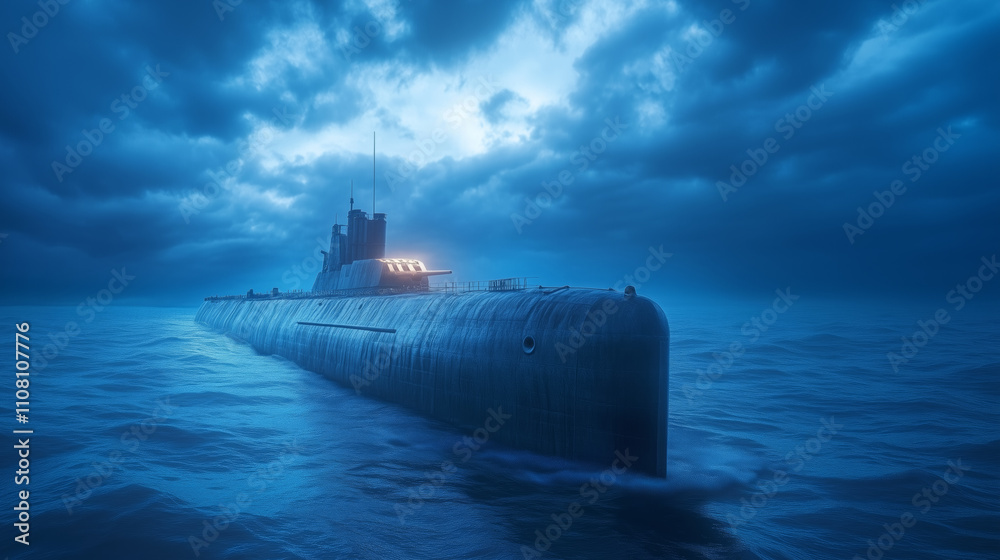 Fototapeta premium Submarine navigating through stormy seas at twilight