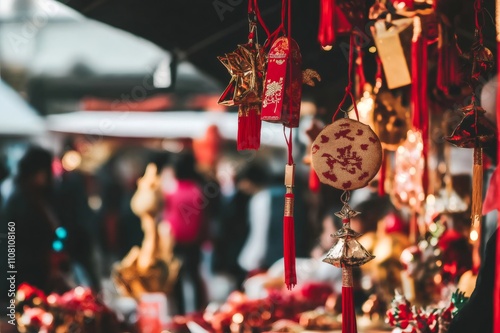 Red and gold chinese new year decorations hanging in a busy market