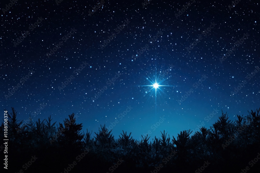 Fototapeta premium Bright Star Over Silhouetted Forest At Night