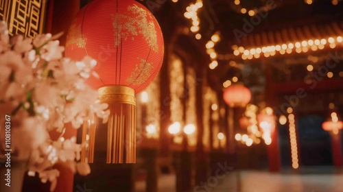 Red lanterns illuminating a temple during chinese new year celebration